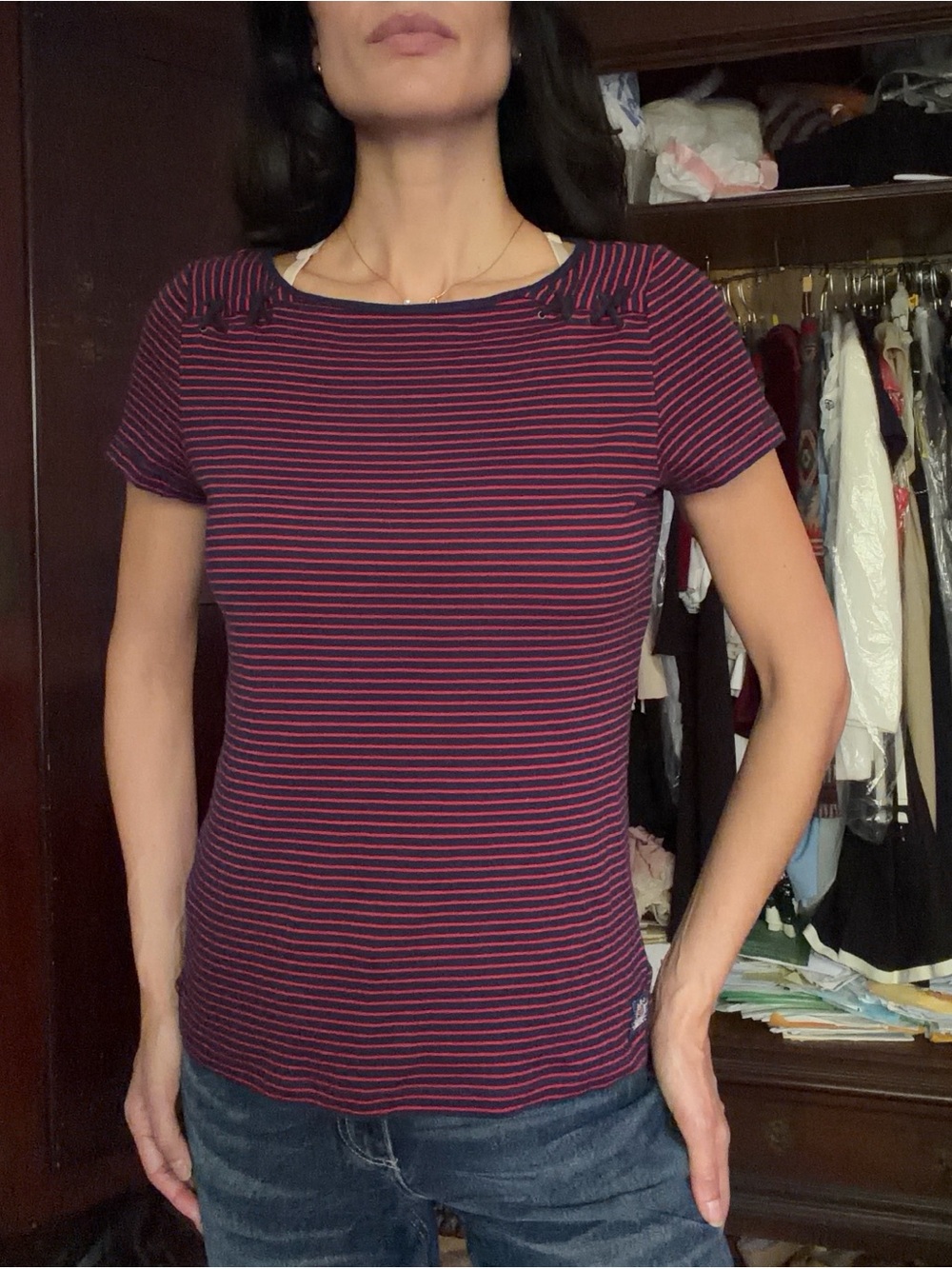 Lauren Ralph Lauren Navy and Red Striped Short Sleeve Top